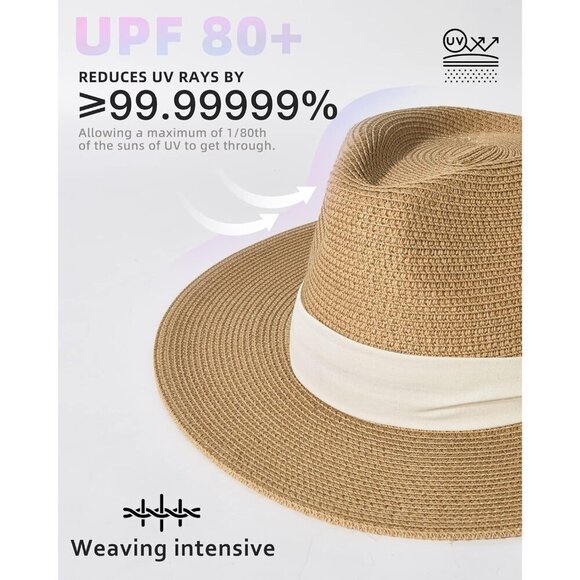 Straw Fedora Hat Wide Brim UPF 80 Summer Beach Sun Hat for Women & Men main image 5
